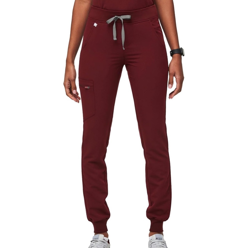FIGS Women’s Burgundy Zamora Jogger Pants with Gray Drawstring